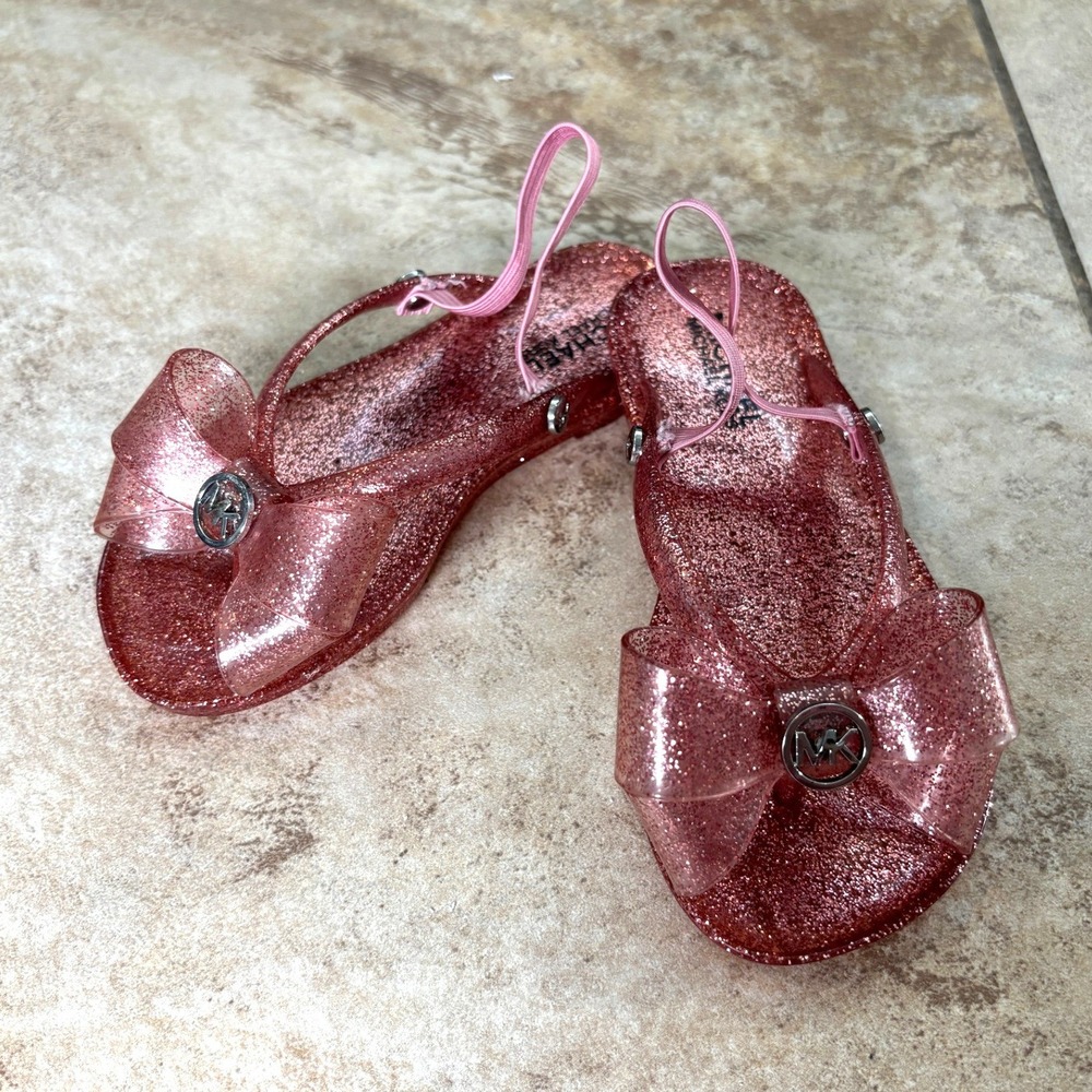 Michael Kors Kids Pink Glitter Jelly Sandals Bow Slingback MK Logo Shoes Sz 7